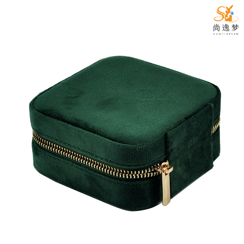 Green Color Velvet Double Layers Travel Jewelry Box with Mirror